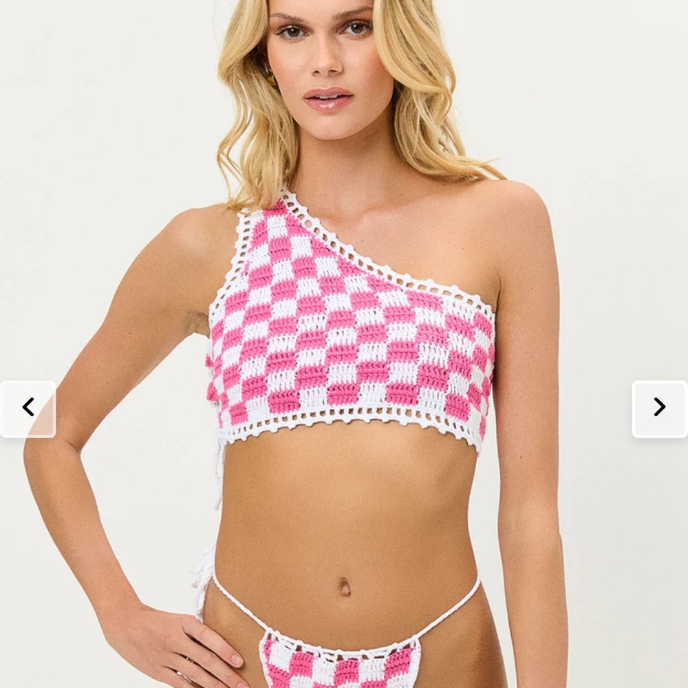 NWT Frankies Bikinis x Browns Ingrid Checked Crochet Bikini Top Pink - Size L